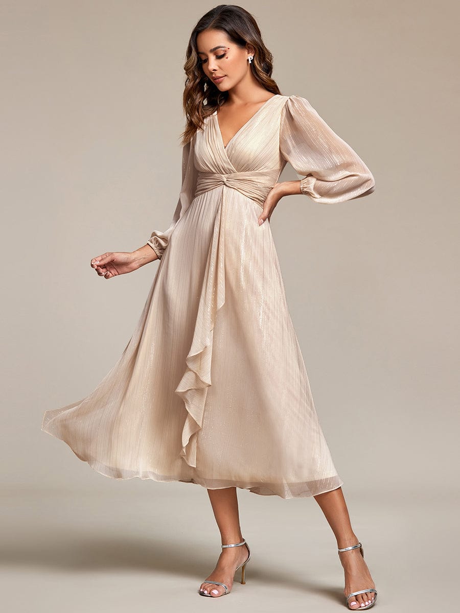 See-Through Long Sleeve Twist Knot A-Line Lotus Leaf Shimmering Evening Dress #color_Champagne