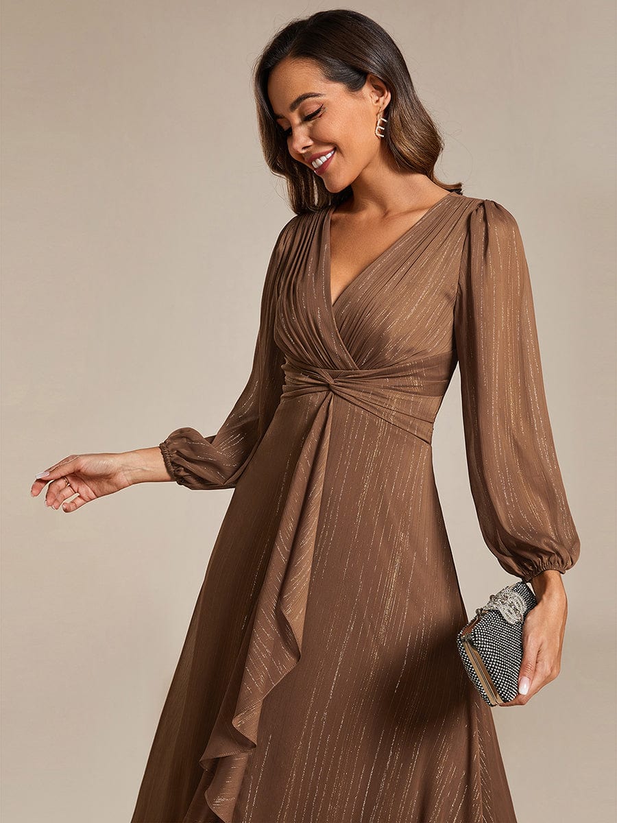 Glitter Twist Knot See-Through Long Sleeve Wedding Guest Dress #color_Brown