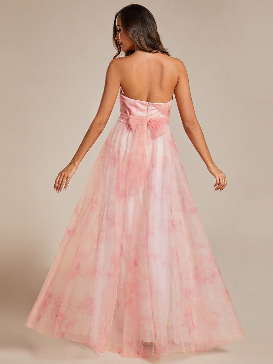 Floral Printed Empire Waist Strapless Formal Evening Dress with A-line #color_Pink