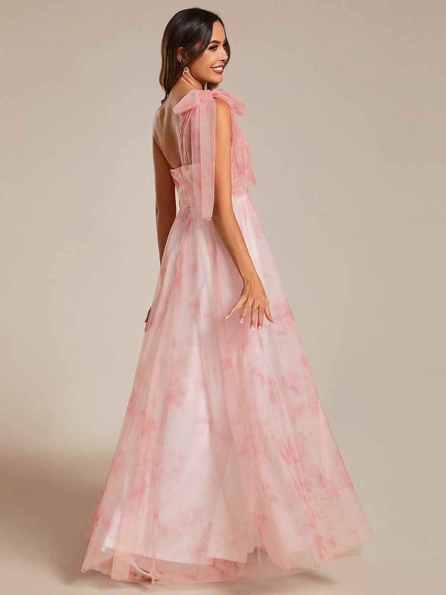 Floral Printed Empire Waist Strapless Formal Evening Dress with A-line #color_Pink