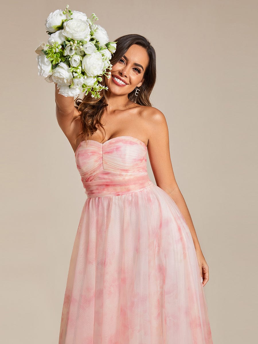 Floral Printed Empire Waist Strapless Formal Evening Dress with A-line #color_Pink