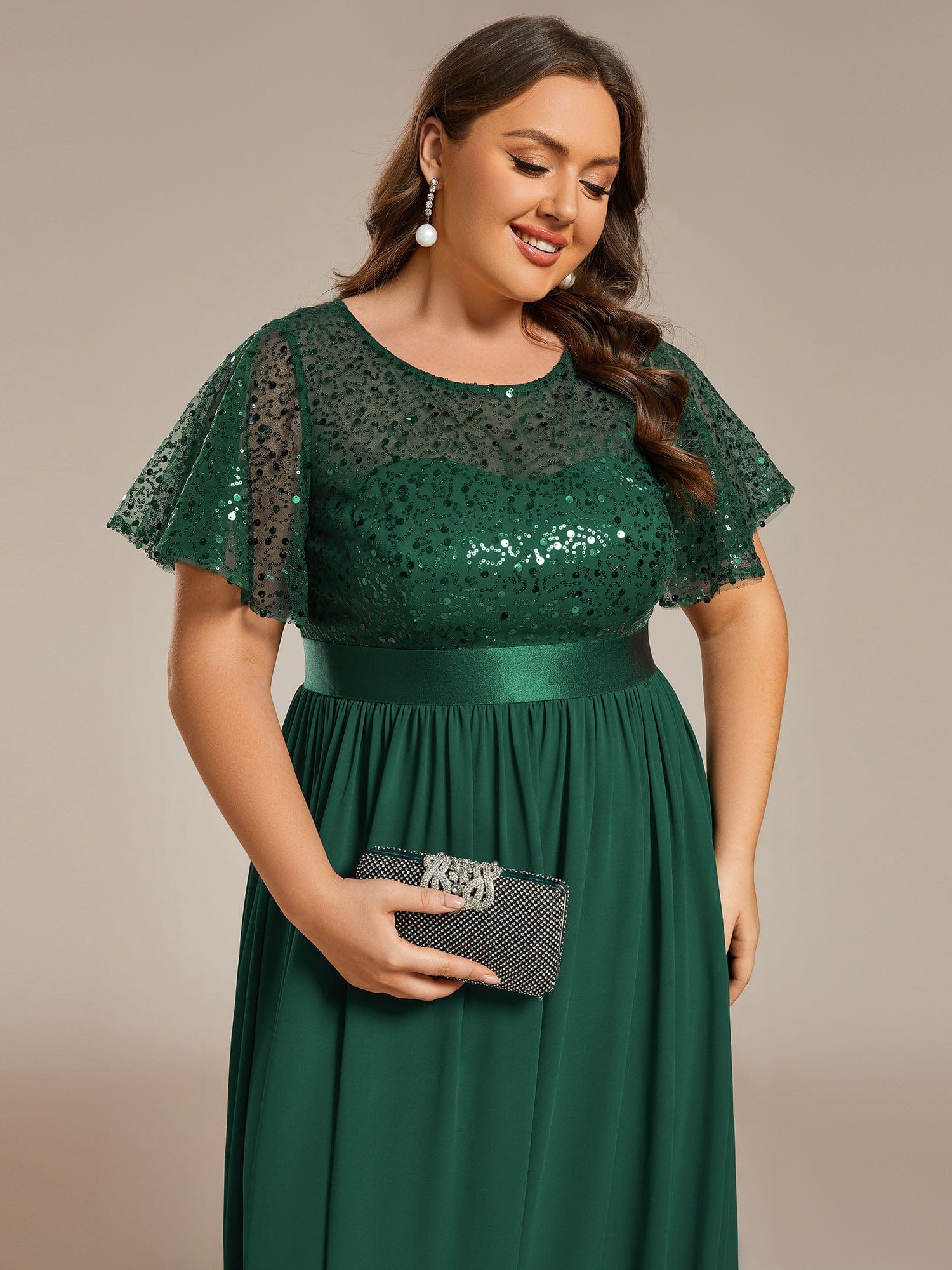 Round-Neck Sequin High Waist Short-Sleeved Formal Evening Dress #color_Dark Green