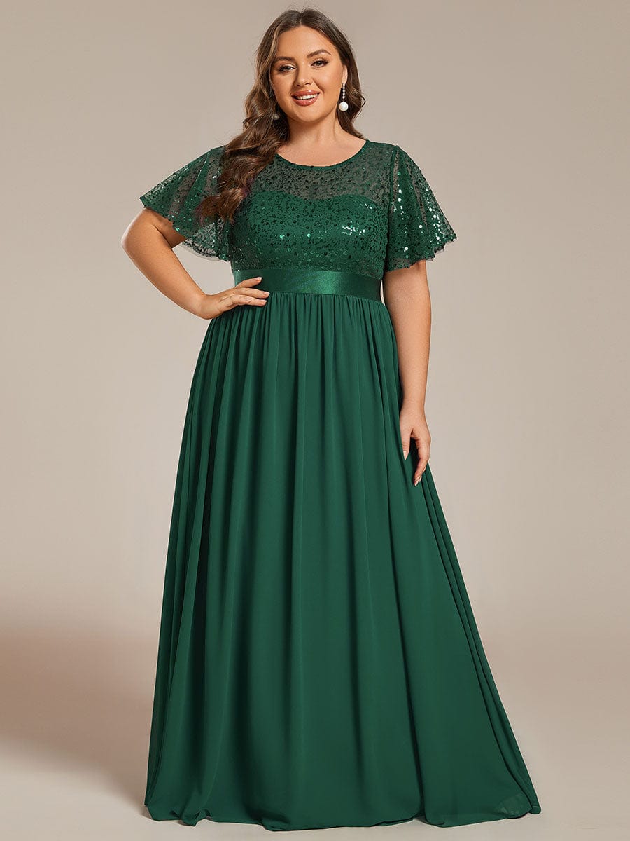 Plus Size Round-Neck Sequin High Waist Short-Sleeved Formal Evening Dress #color_Dark Green