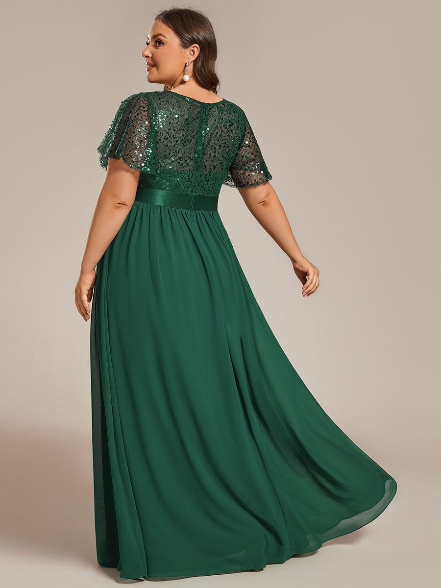 Plus Size Round-Neck Sequin High Waist Short-Sleeved Formal Evening Dress #color_Dark Green