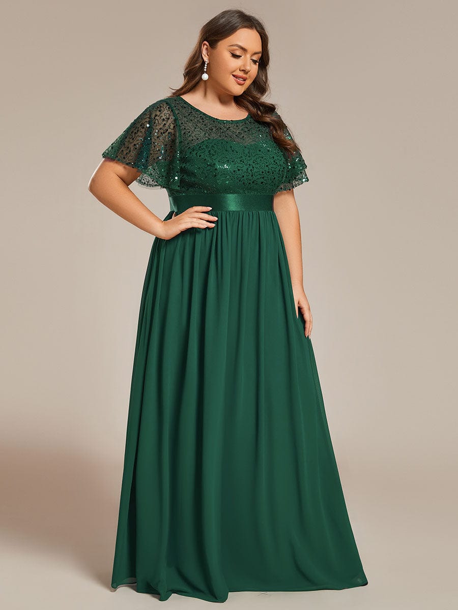 Plus Size Round-Neck Sequin High Waist Short-Sleeved Formal Evening Dress #color_Dark Green