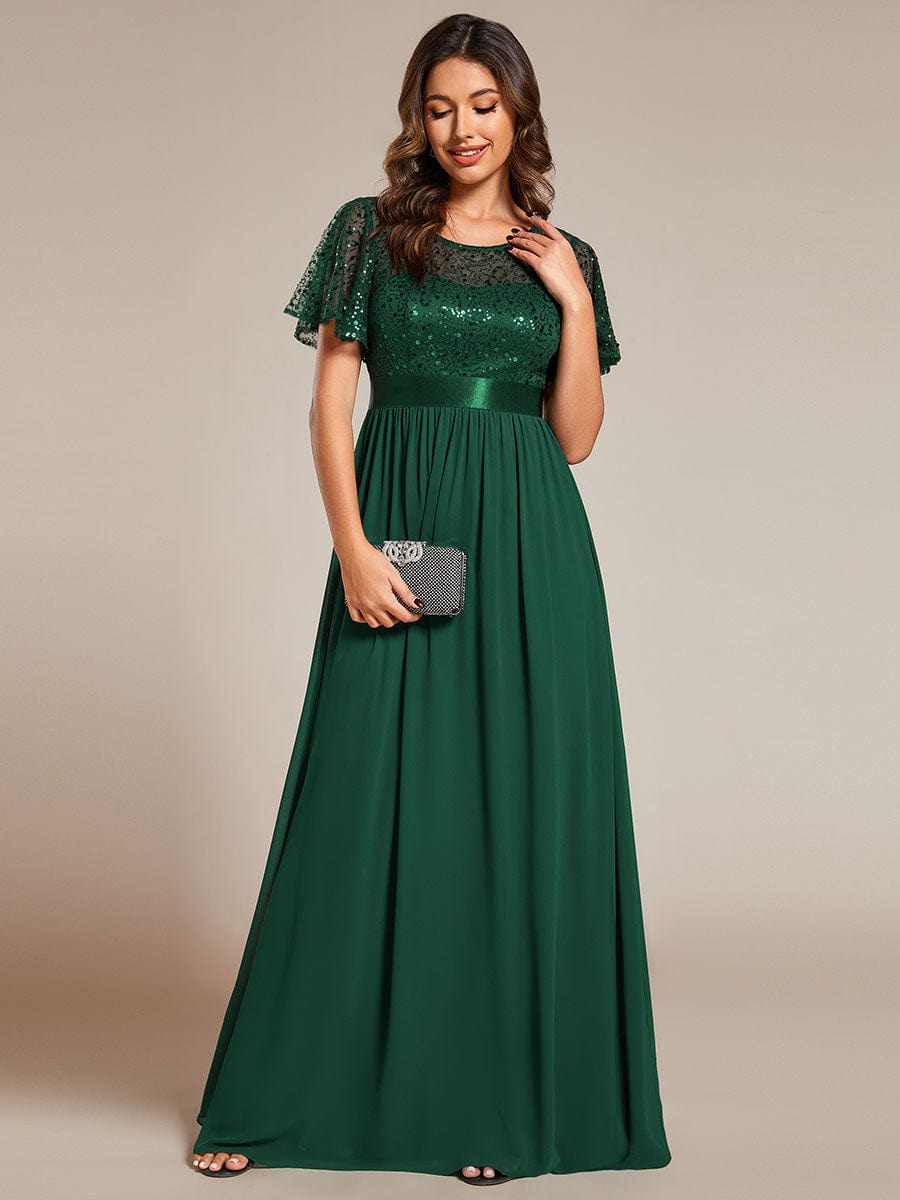 Round-Neck Sequin High Waist Short-Sleeved Formal Evening Dress #color_Dark Green