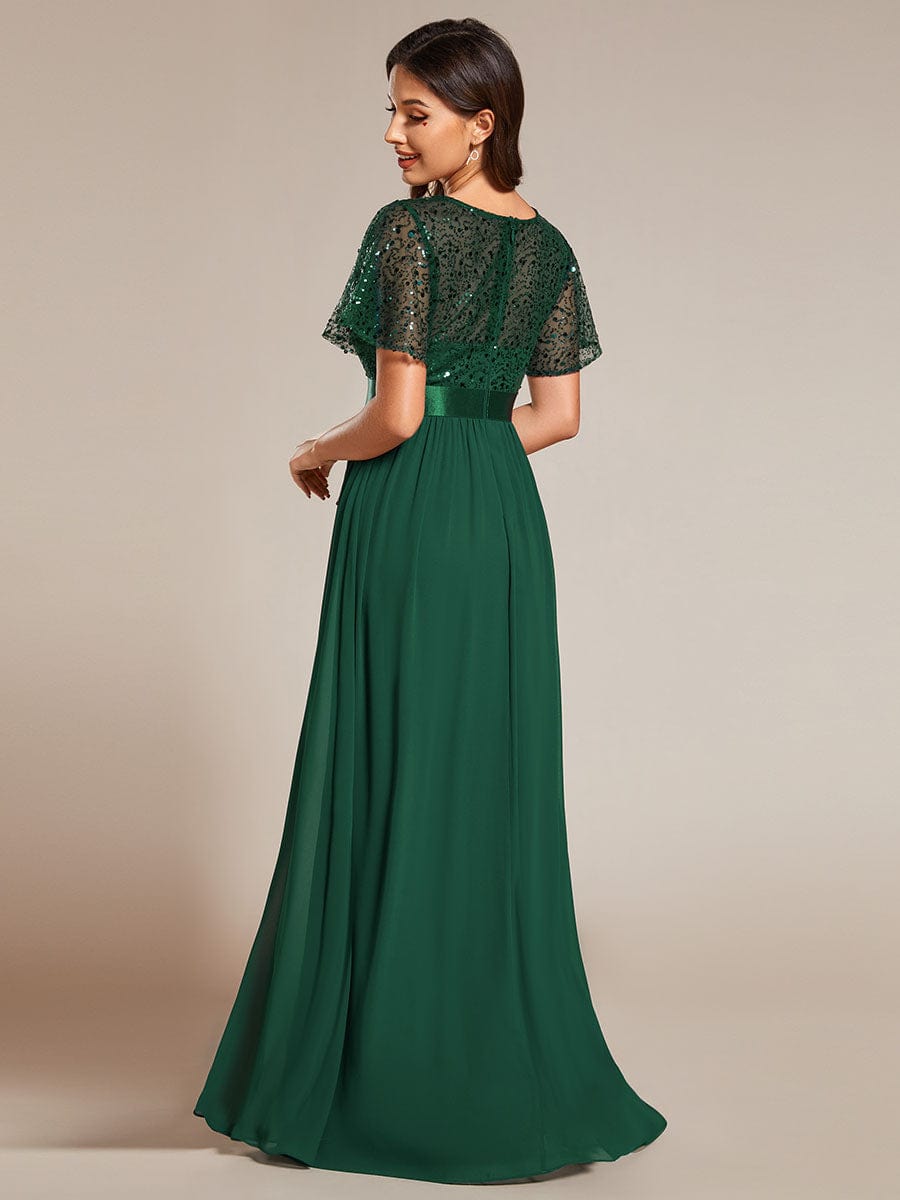 Round-Neck Sequin High Waist Short-Sleeved Formal Evening Dress #color_Dark Green