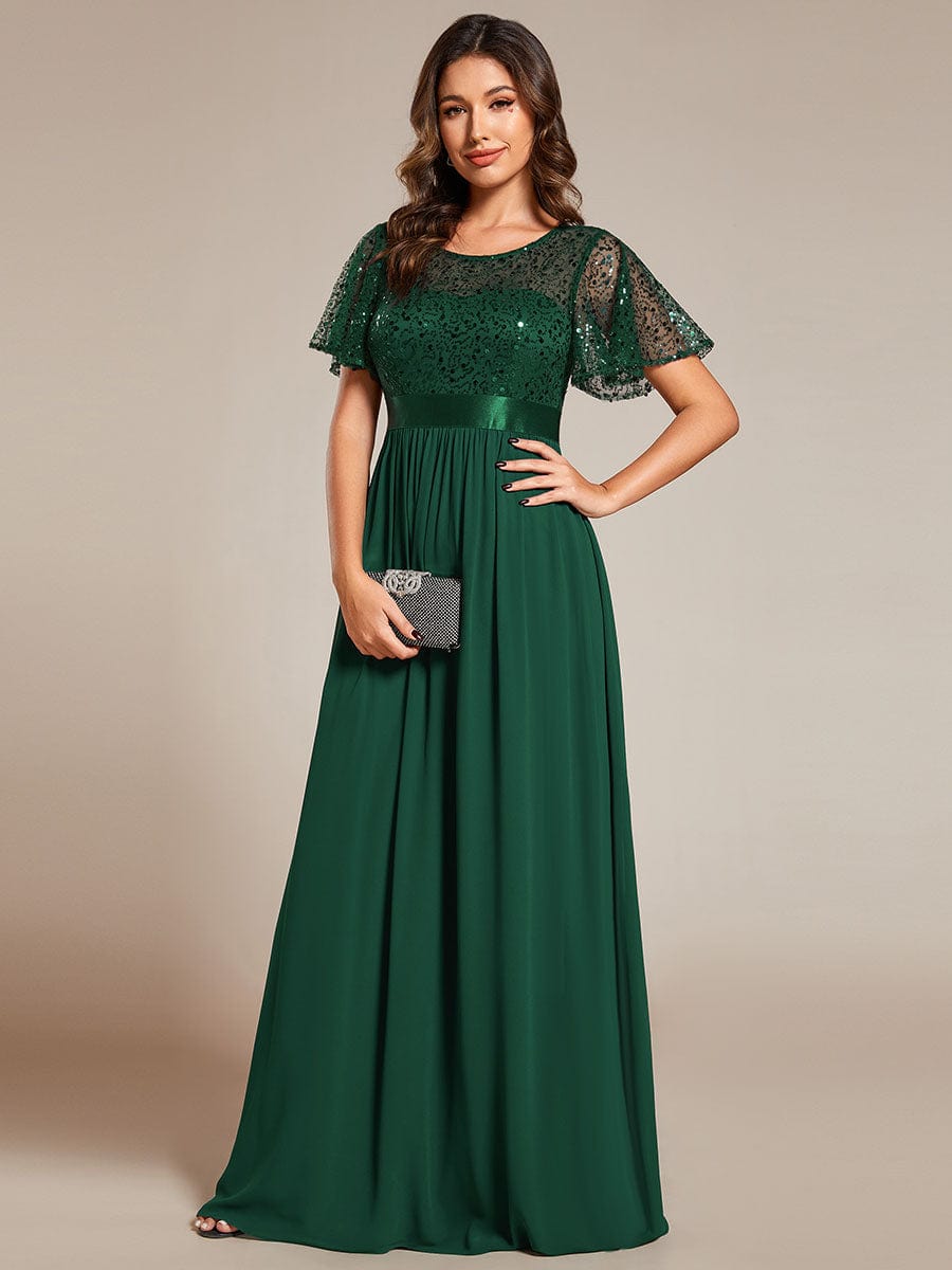 Round-Neck Sequin High Waist Short-Sleeved Formal Evening Dress #color_Dark Green