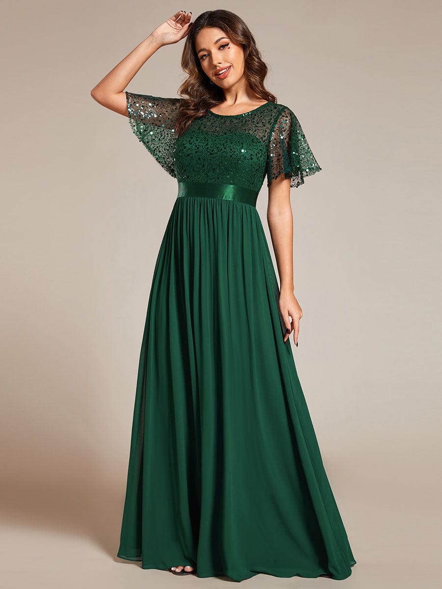 Round-Neck Sequin High Waist Short-Sleeved Formal Evening Dress #color_Dark Green