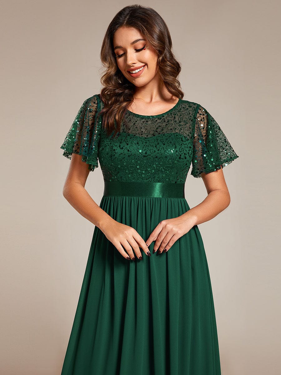 Round-Neck Sequin High Waist Short-Sleeved Formal Evening Dress #color_Dark Green