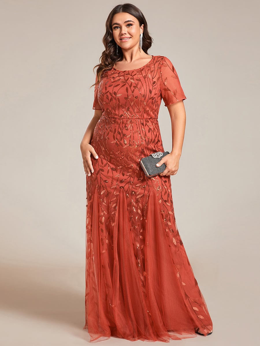 Floral Sequin Maxi Fishtail Tulle Prom Dress with Half Sleeve #Color_Burnt Orange