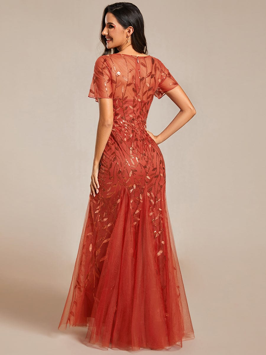 Floral Sequin Maxi Fishtail Tulle Prom Dress with Half Sleeve #Color_Burnt Orange