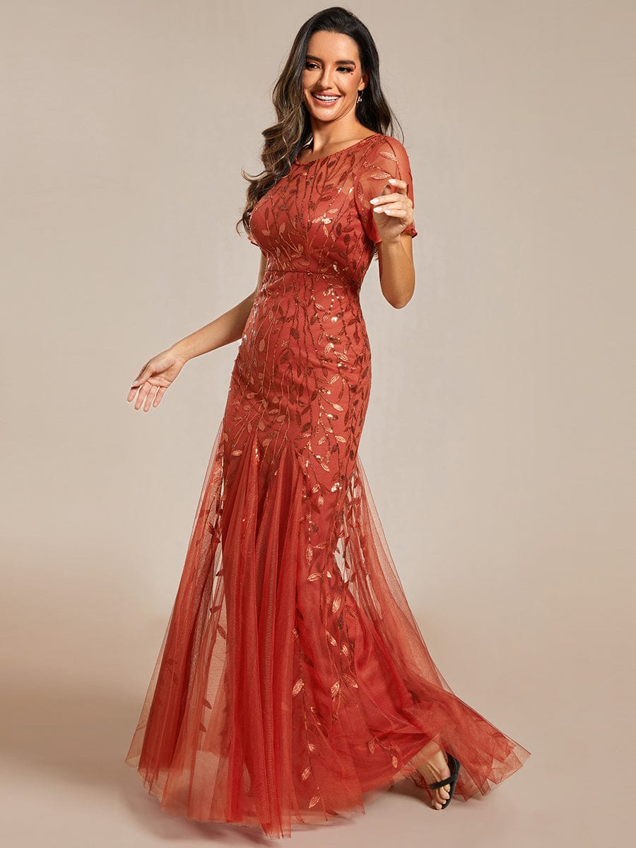 Floral Sequin Maxi Fishtail Tulle Prom Dress with Half Sleeve #Color_Burnt Orange