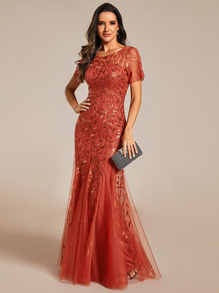 Floral Sequin Maxi Fishtail Tulle Prom Dress with Half Sleeve #Color_Burnt Orange