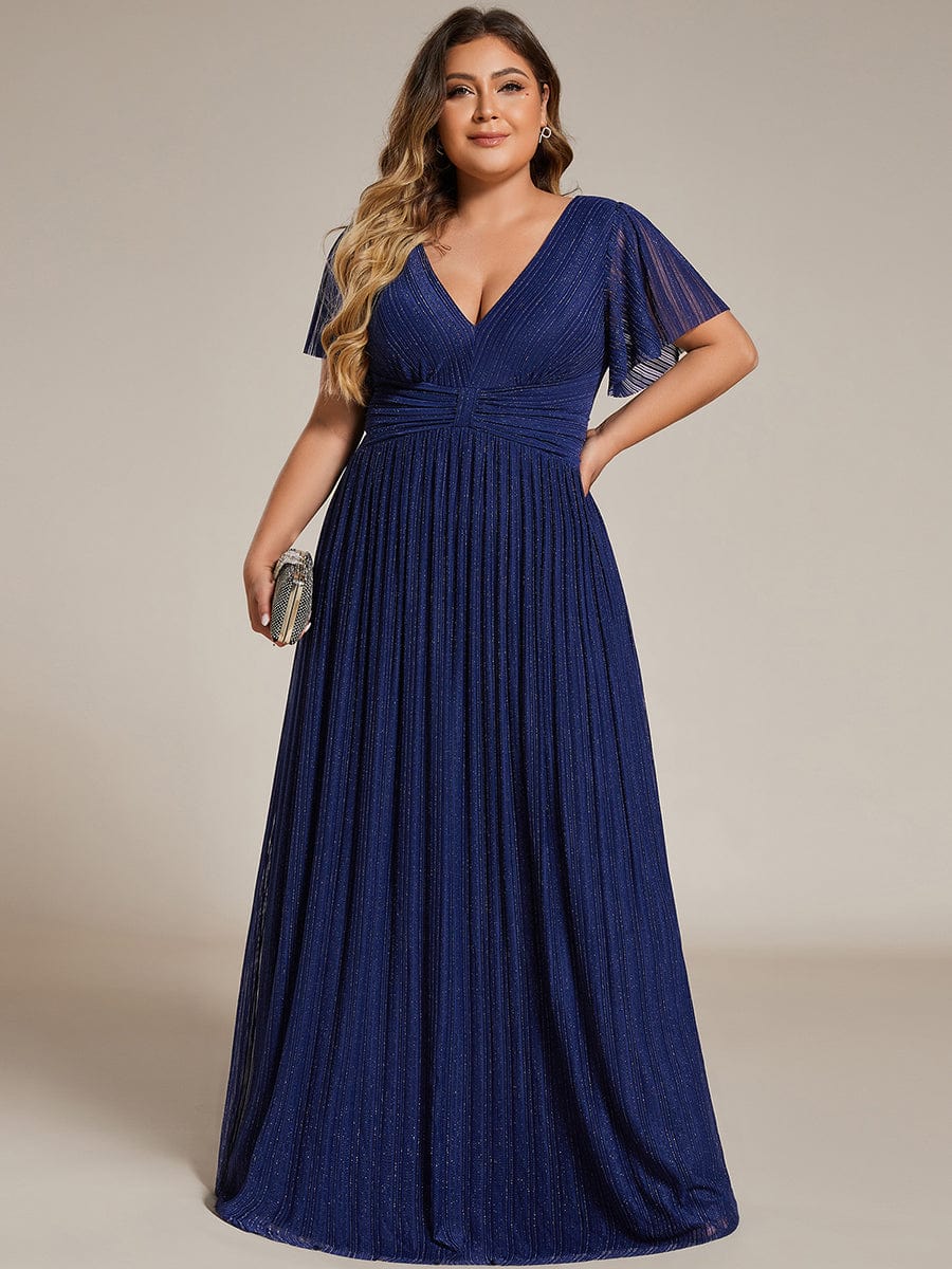 V-Neck Glittery Short Sleeves Formal Evening Dress with Empire Waist #color_Navy Blue