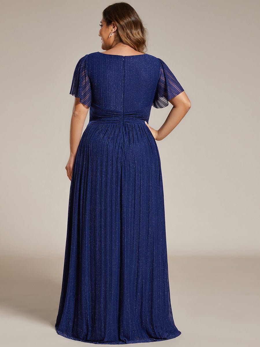 V-Neck Glittery Short Sleeves Formal Evening Dress with Empire Waist #color_Navy Blue