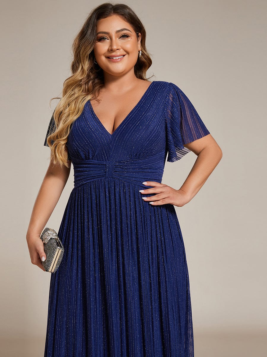 V-Neck Glittery Short Sleeves Formal Evening Dress with Empire Waist #color_Navy Blue