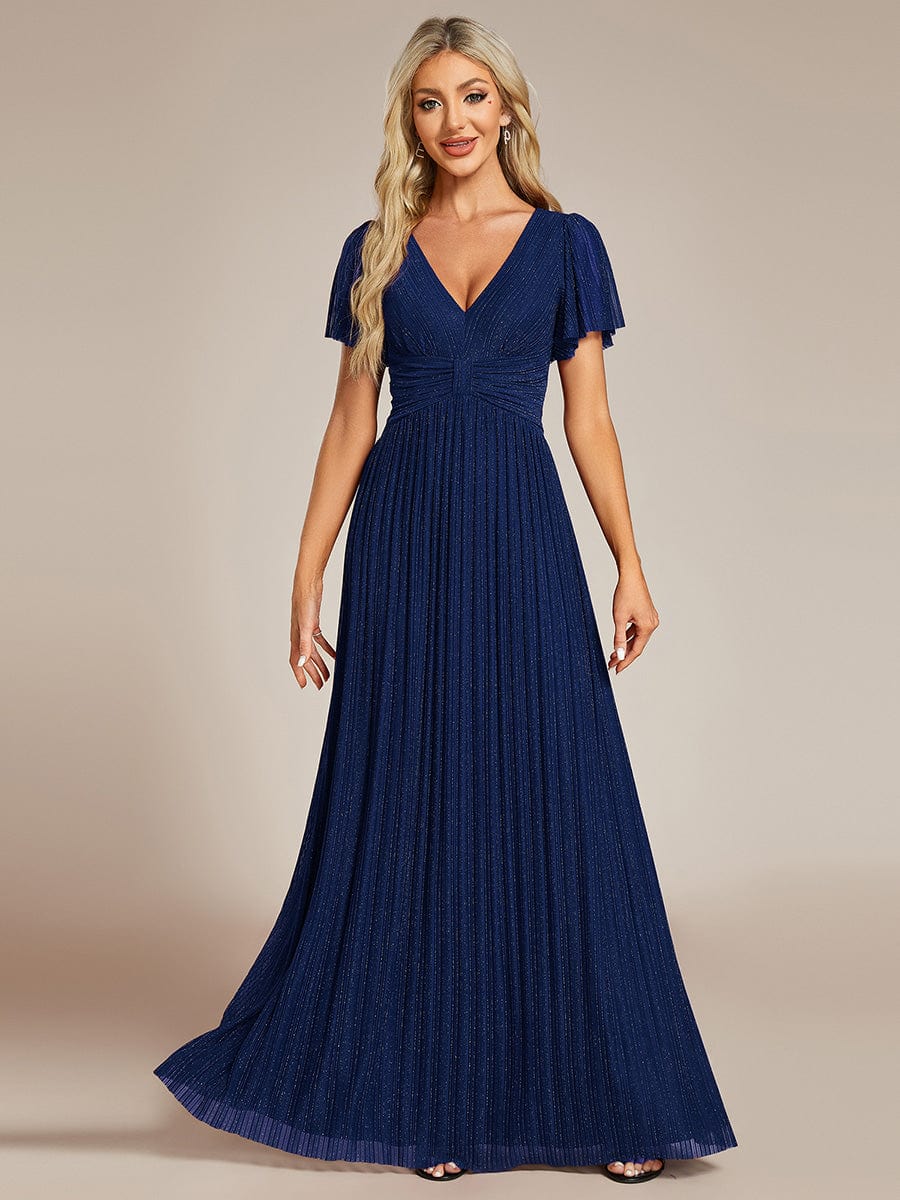 V-Neck Glittery Short Sleeves Formal Evening Dress with Empire Waist #color_Navy Blue