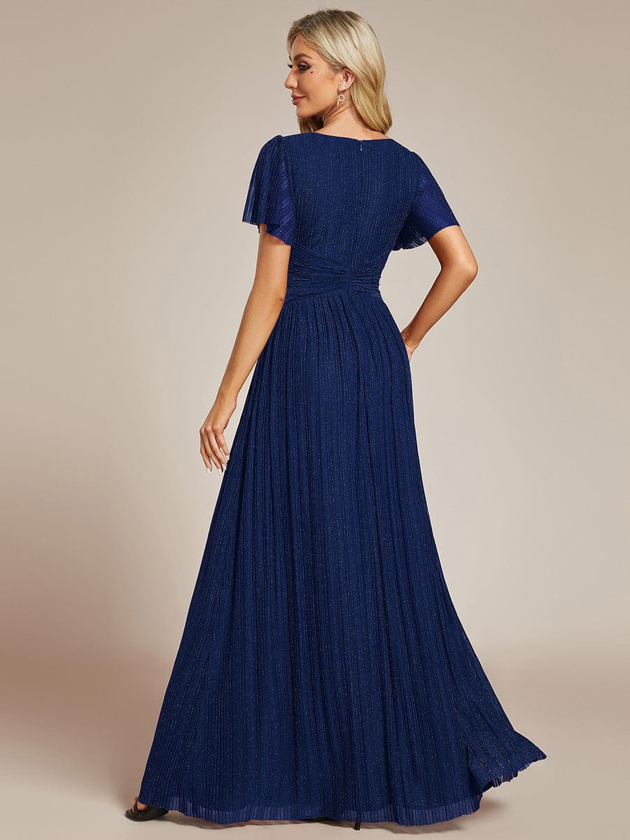 V-Neck Glittery Short Sleeves Formal Evening Dress with Empire Waist #color_Navy Blue