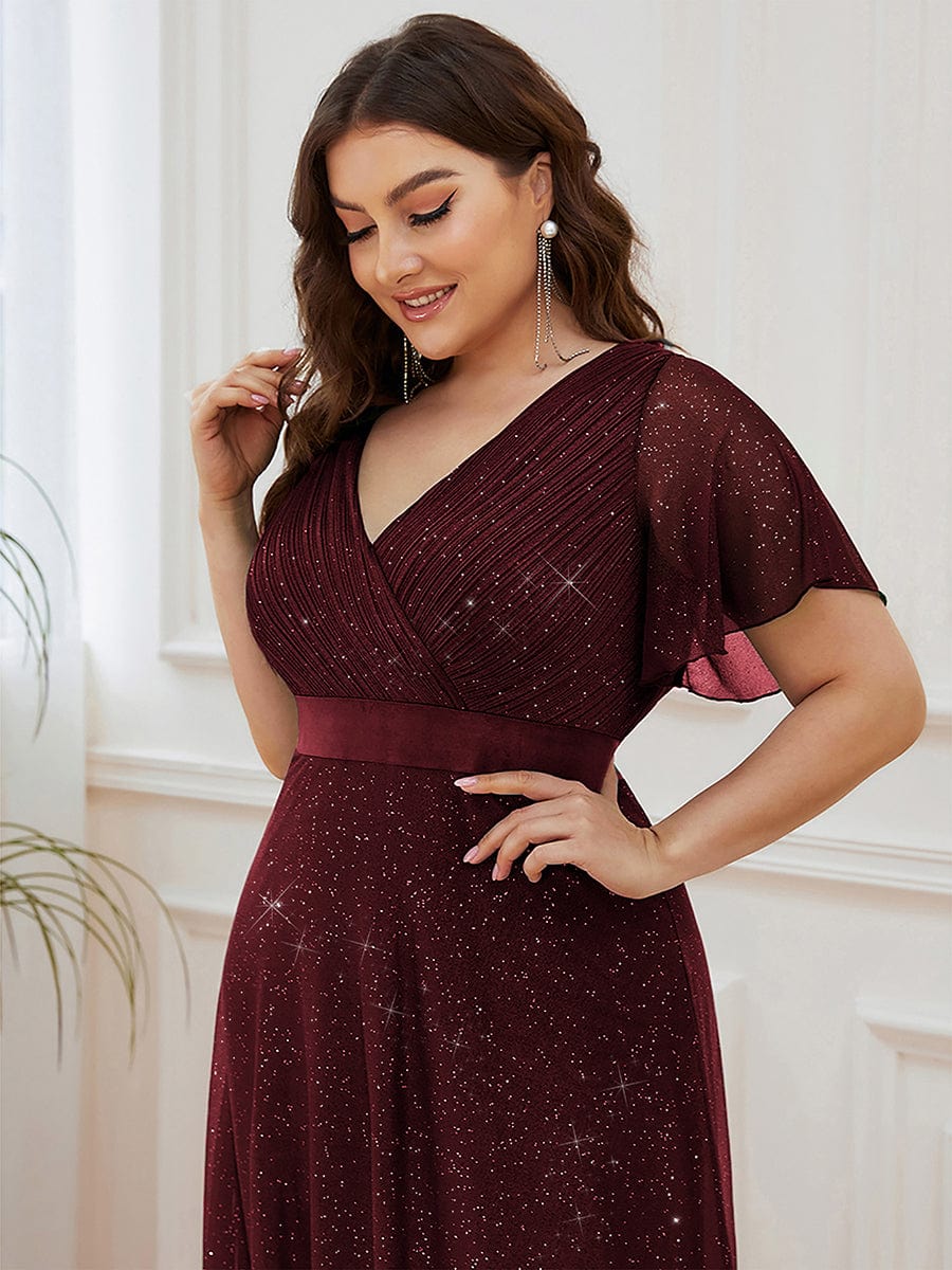 Sparkling Short Sleeve V-Neck Ribbon Waist Plus Size Formal Evening Dress #color_Burgundy