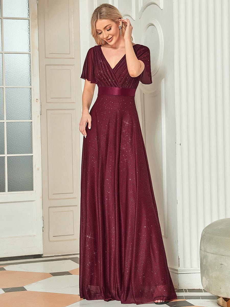 Sparkling Short Sleeve V-Neck Ribbon Waist A-Line Evening Dress #color_Burgundy