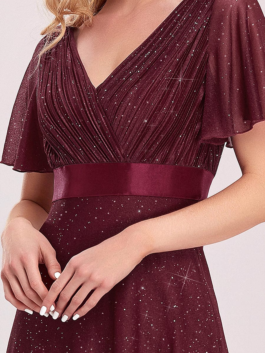 Sparkling Short Sleeve V-Neck Ribbon Waist A-Line Evening Dress #color_Burgundy