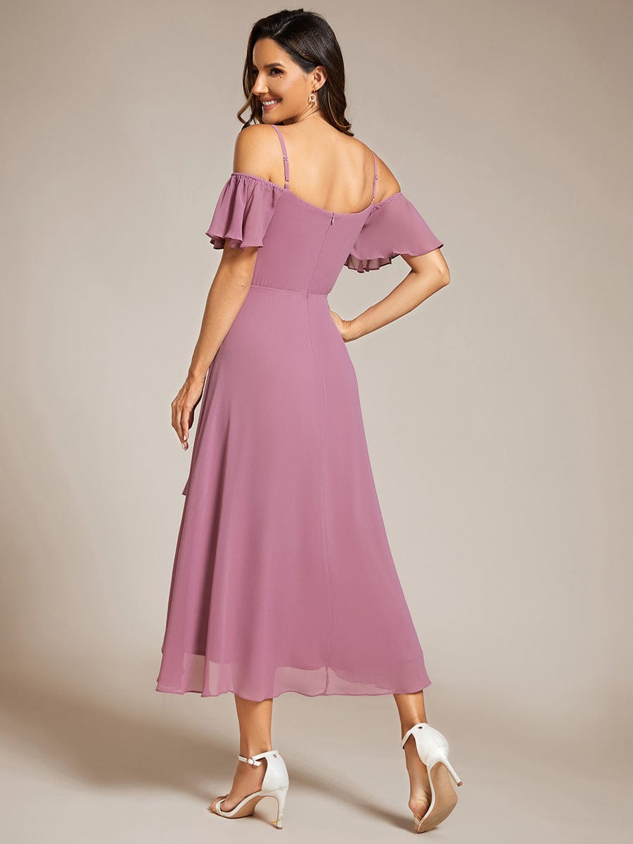 Spaghetti Strap Cold Shoulder Chiffon A-Line Midi Wedding Guest Dress #color_Purple Orchid