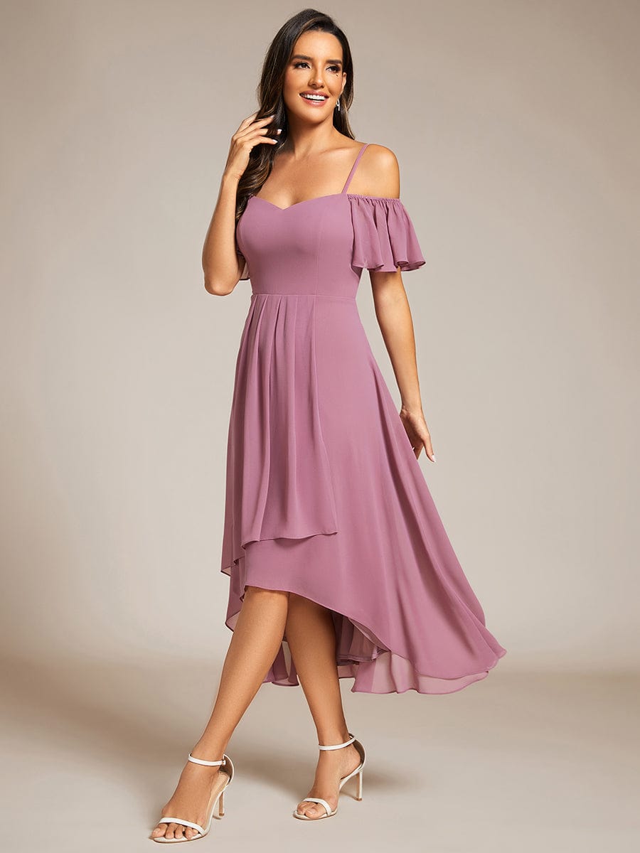 Spaghetti Strap Cold Shoulder Chiffon A-Line Midi Wedding Guest Dress #color_Purple Orchid