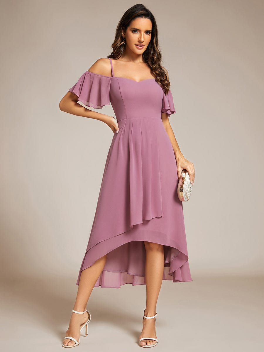 Spaghetti Strap Cold Shoulder Chiffon A-Line Midi Wedding Guest Dress #color_Purple Orchid