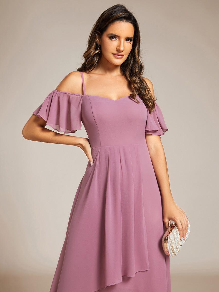 Spaghetti Strap Cold Shoulder Chiffon A-Line Midi Wedding Guest Dress #color_Purple Orchid