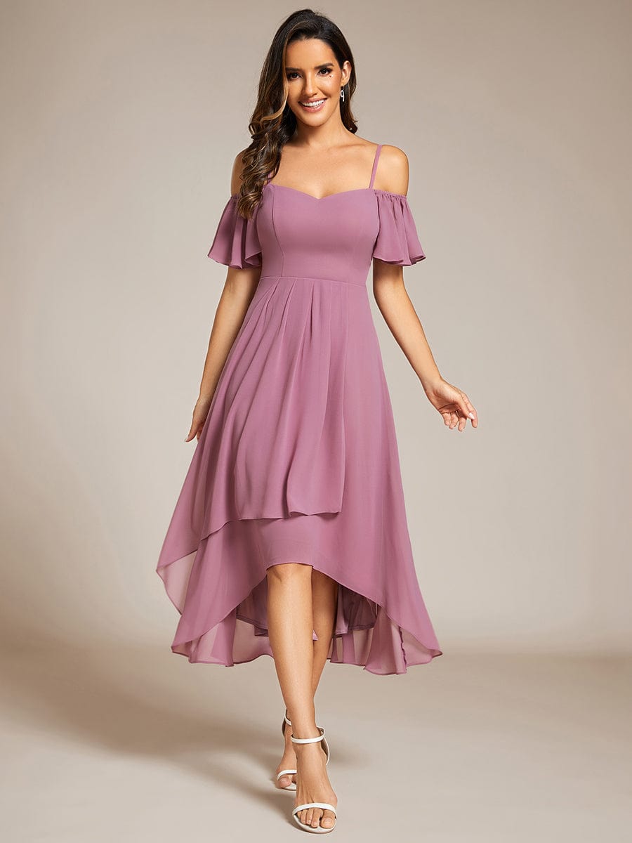 Spaghetti Strap Cold Shoulder Chiffon A-Line Midi Wedding Guest Dress #color_Purple Orchid