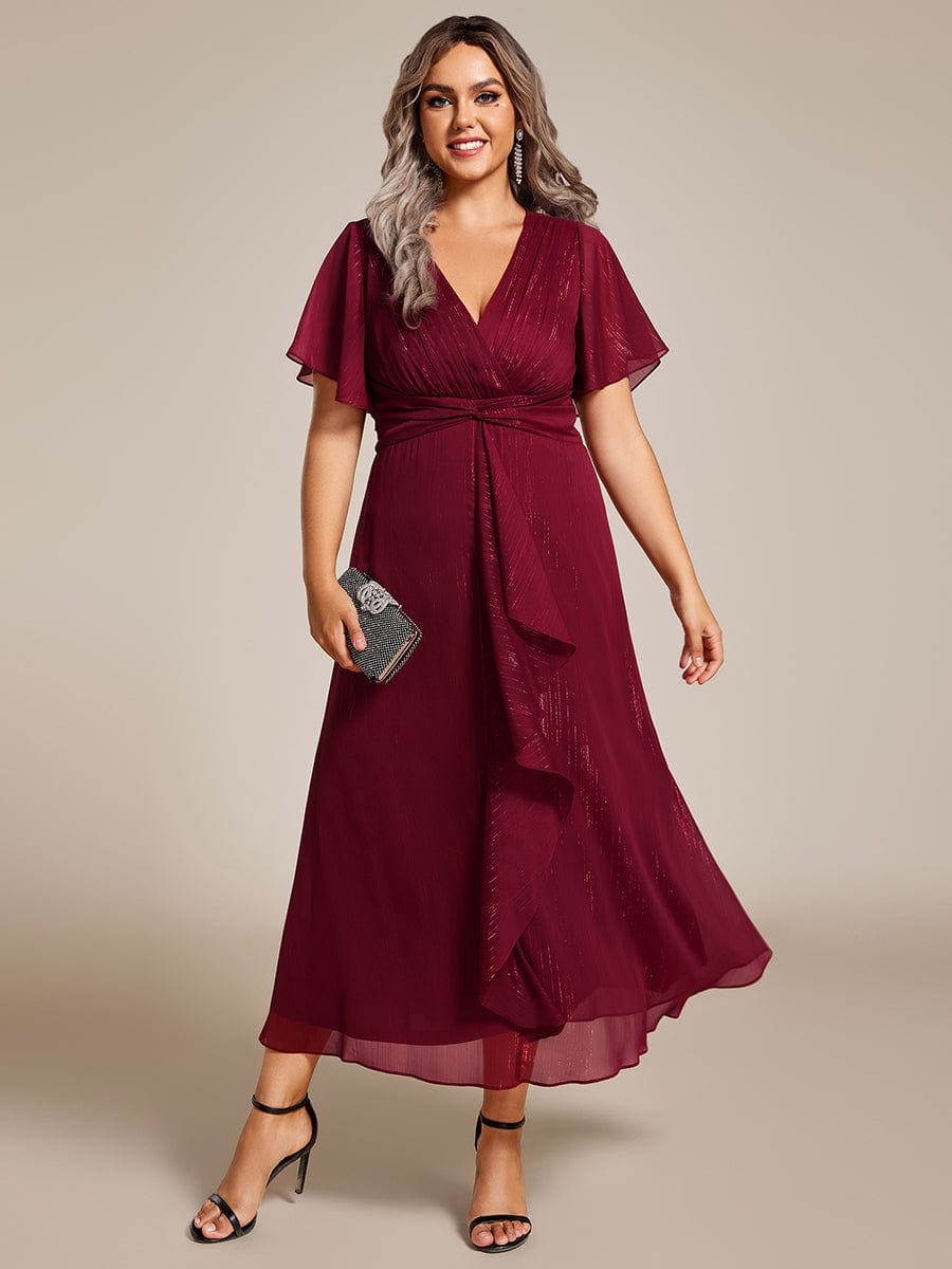 Plus Size Silver Metallic Fabric V-Neck A-Line Dress featuring Delicate Ruffled Hem #color_Burgundy