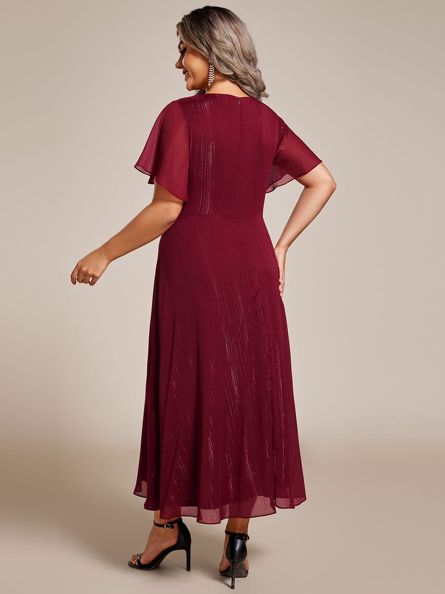 Plus Size Silver Metallic Fabric V-Neck A-Line Dress featuring Delicate Ruffled Hem #color_Burgundy