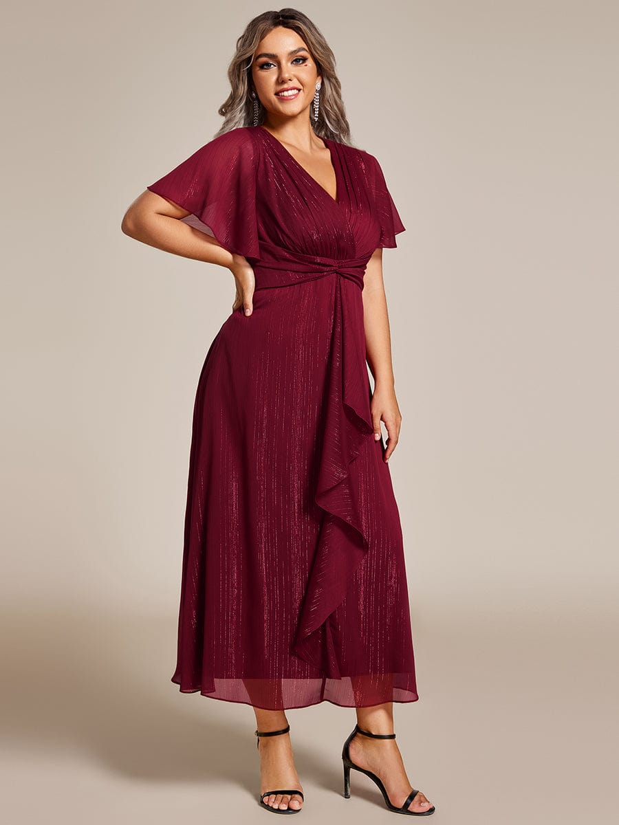 Plus Size Silver Metallic Fabric V-Neck A-Line Dress featuring Delicate Ruffled Hem #color_Burgundy