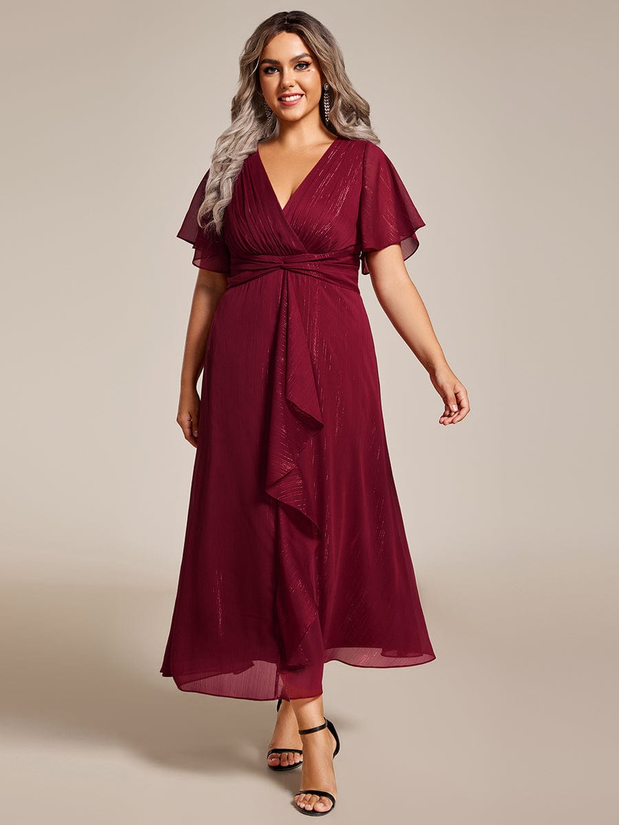 Plus Size Silver Metallic Fabric V-Neck A-Line Dress featuring Delicate Ruffled Hem #color_Burgundy