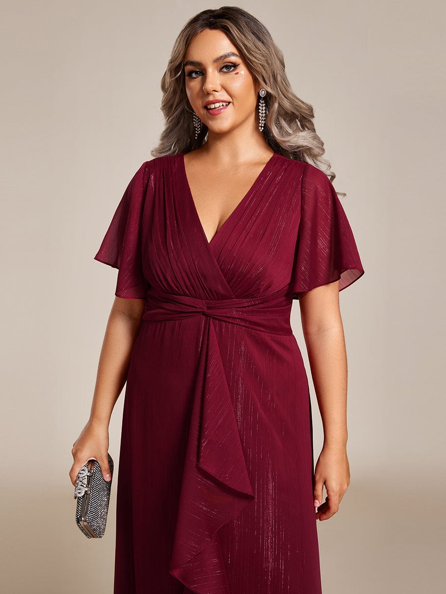 Plus Size Silver Metallic Fabric V-Neck A-Line Dress featuring Delicate Ruffled Hem #color_Burgundy