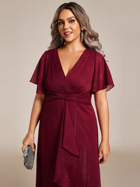 Plus Size Silver Metallic Fabric V-Neck A-Line Wedding Guest Dress featuring Delicate Ruffled Hem