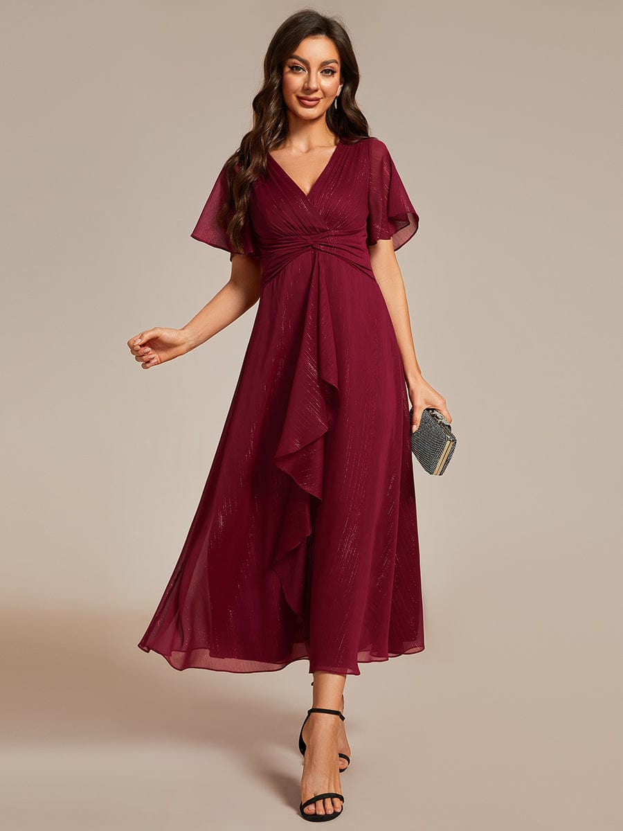 Silver Metallic Fabric V-Neck A-Line Dress featuring Delicate Ruffled Hem #color_Burgundy