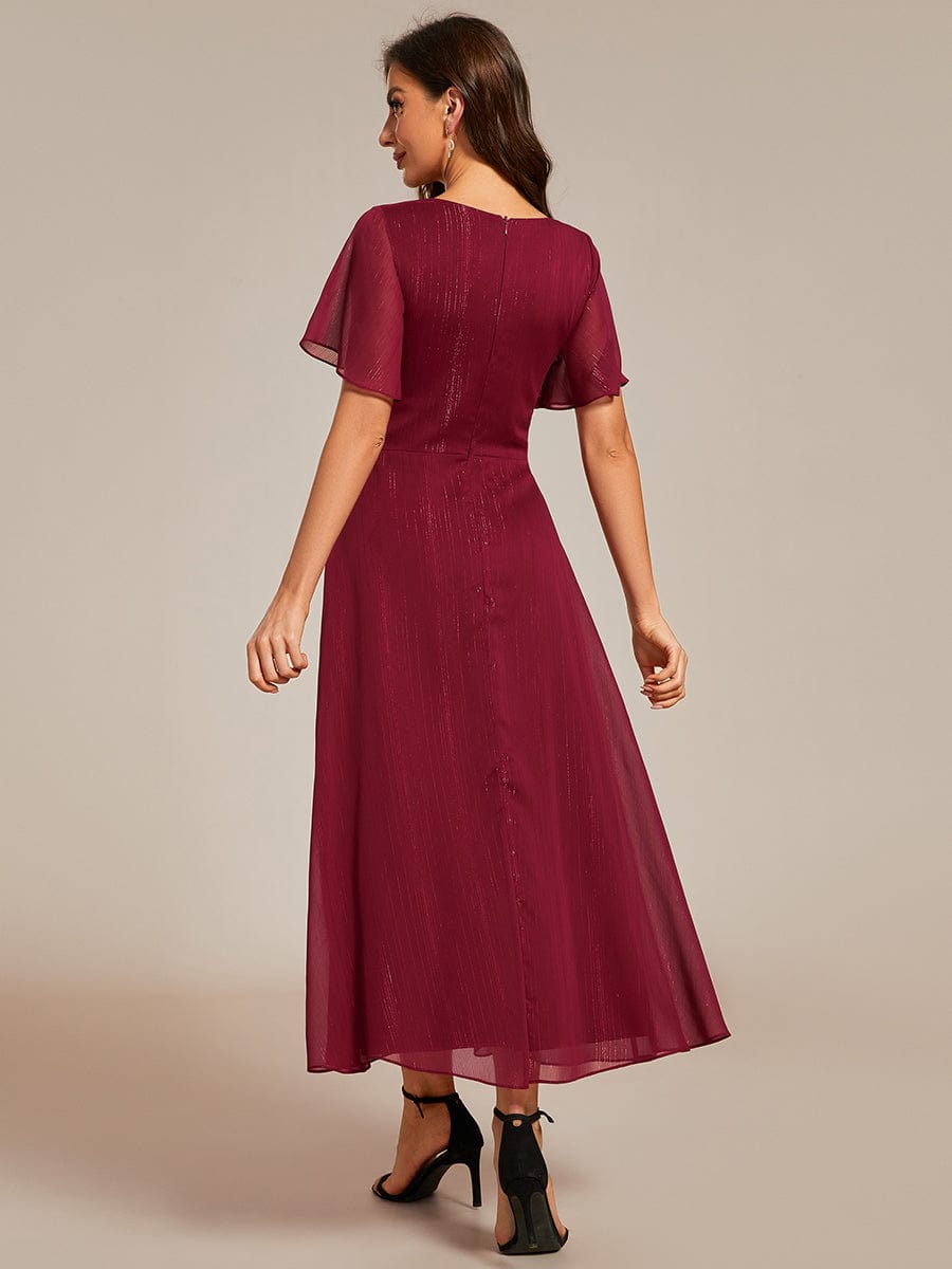 See-Through Long Sleeve Twist Knot A-Line Lotus Leaf Shimmering Evening Dress #color_Burgundy