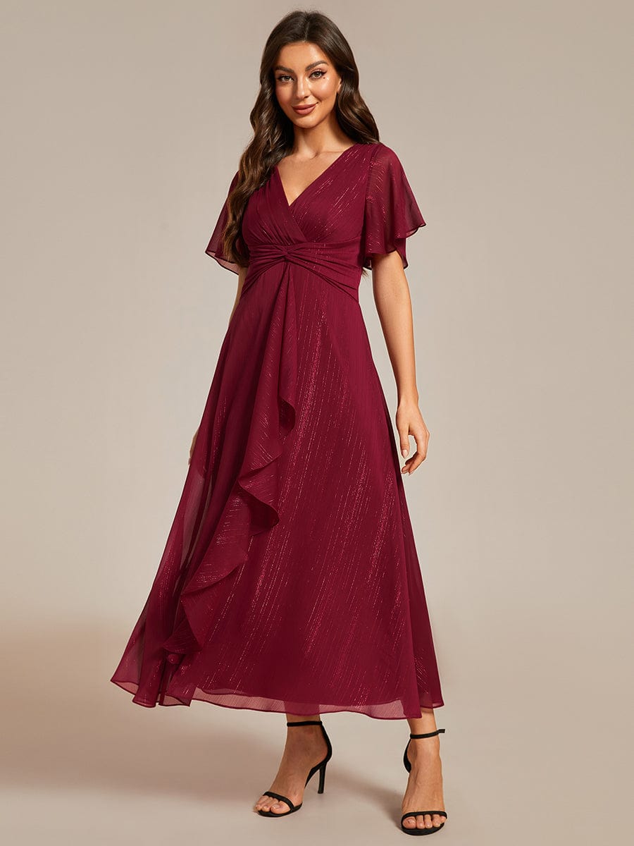 See-Through Long Sleeve Twist Knot A-Line Lotus Leaf Shimmering Evening Dress #color_Burgundy