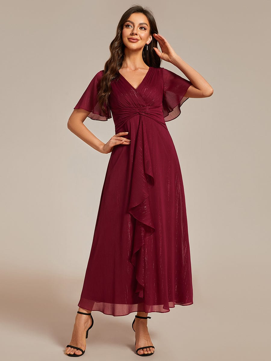 Silver Metallic Fabric V-Neck A-Line Dress featuring Delicate Ruffled Hem #color_Burgundy