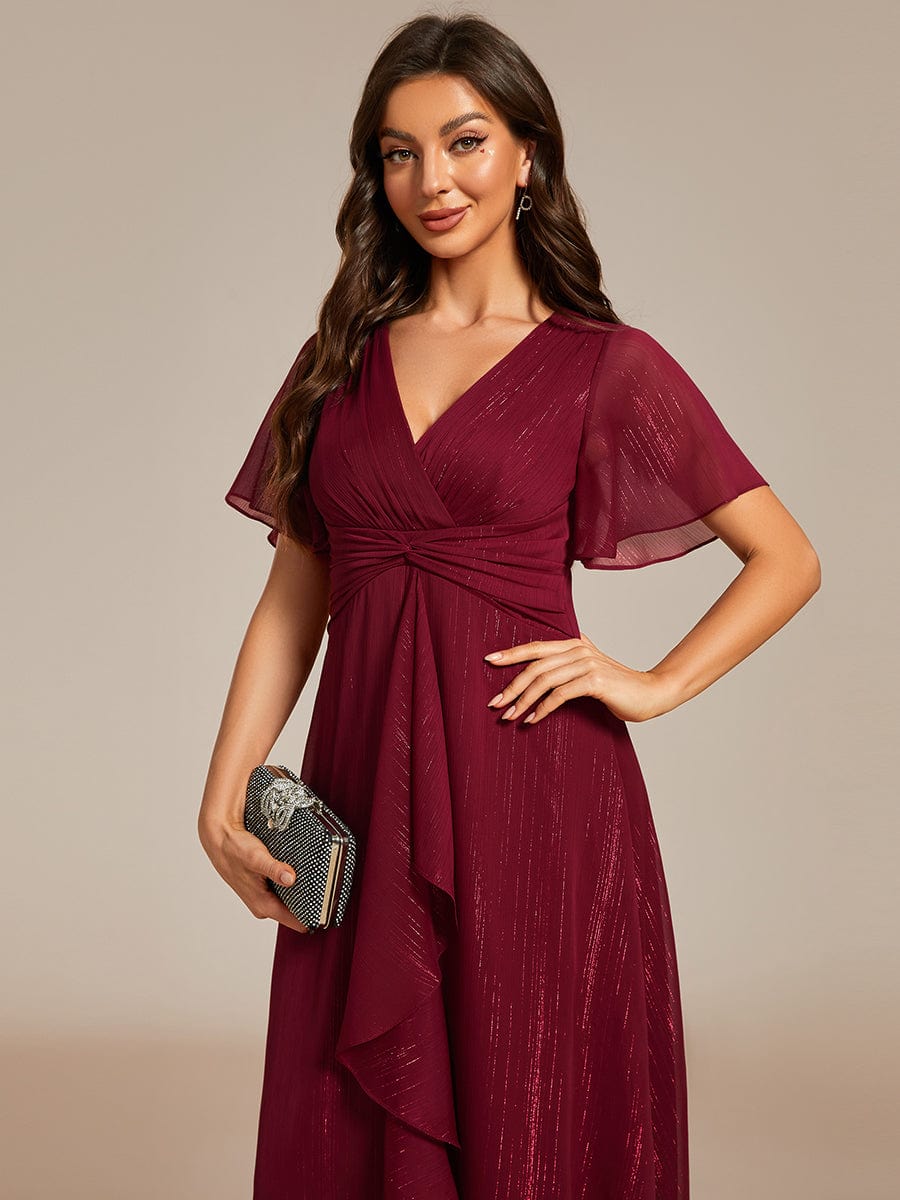 See-Through Long Sleeve Twist Knot A-Line Lotus Leaf Shimmering Evening Dress #color_Burgundy