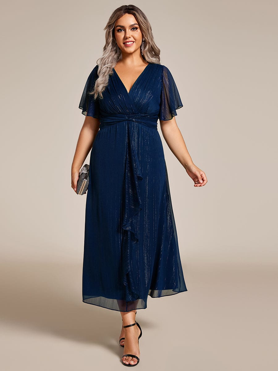 Plus Size Silver Metallic Fabric V-Neck A-Line Dress featuring Delicate Ruffled Hem #color_Navy Blue