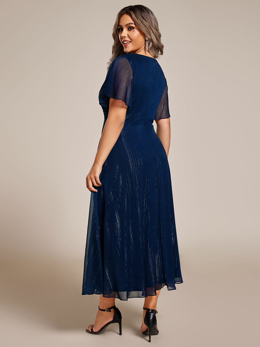 Plus Size Silver Metallic Fabric V-Neck A-Line Dress featuring Delicate Ruffled Hem #color_Navy Blue