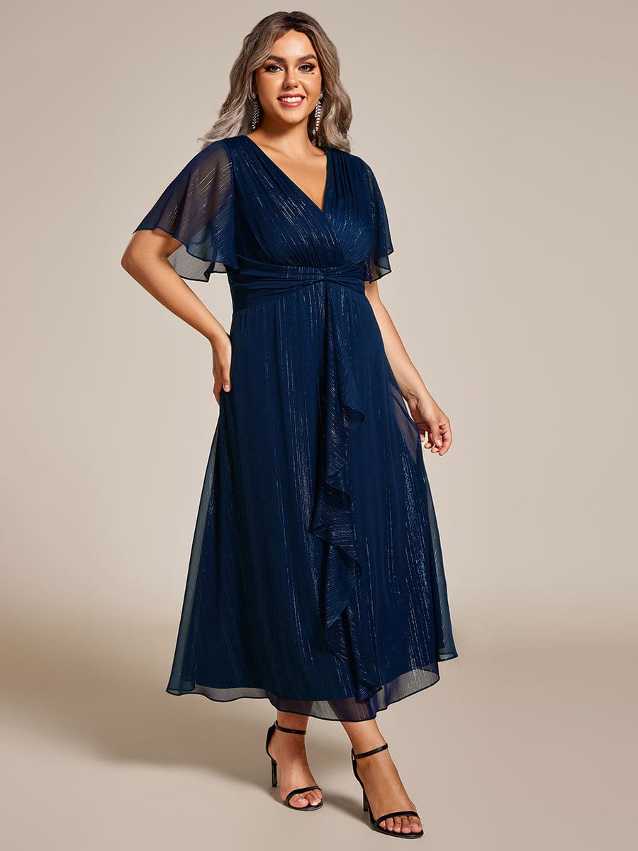 Plus Size Silver Metallic Fabric V-Neck A-Line Dress featuring Delicate Ruffled Hem #color_Navy Blue