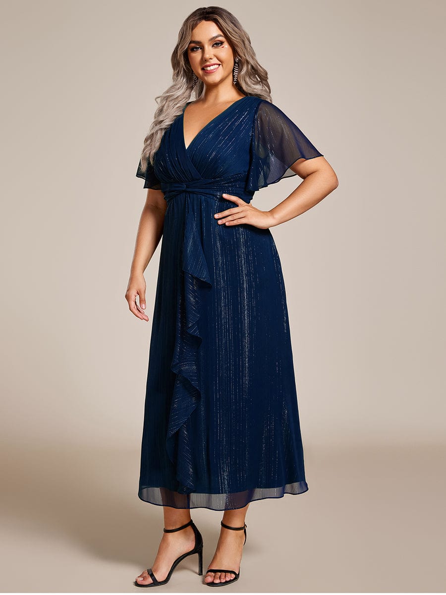 Plus Size Silver Metallic Fabric V-Neck A-Line Dress featuring Delicate Ruffled Hem #color_Navy Blue