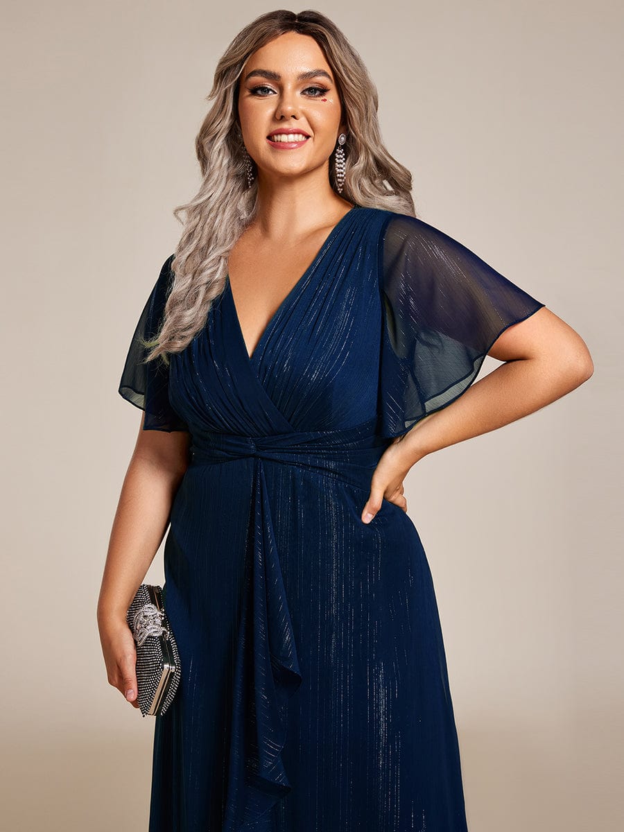 Plus Size Silver Metallic Fabric V-Neck A-Line Dress featuring Delicate Ruffled Hem #color_Navy Blue