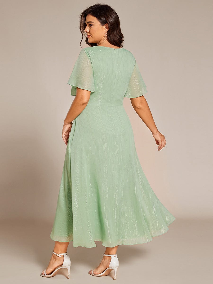 Plus Size Silver Metallic Fabric V-Neck A-Line Dress featuring Delicate Ruffled Hem #color_Summer Green