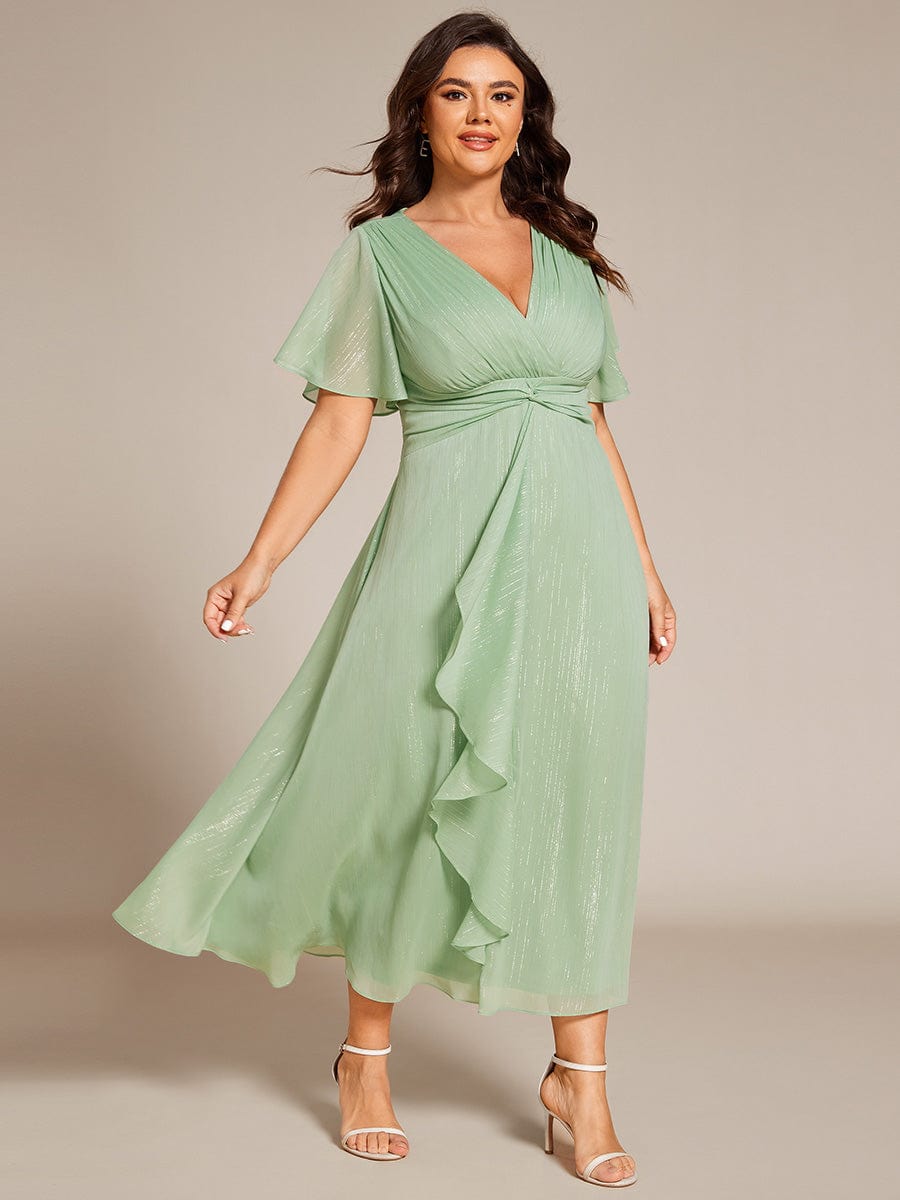 Plus Size Silver Metallic Fabric V-Neck A-Line Dress featuring Delicate Ruffled Hem #color_Summer Green