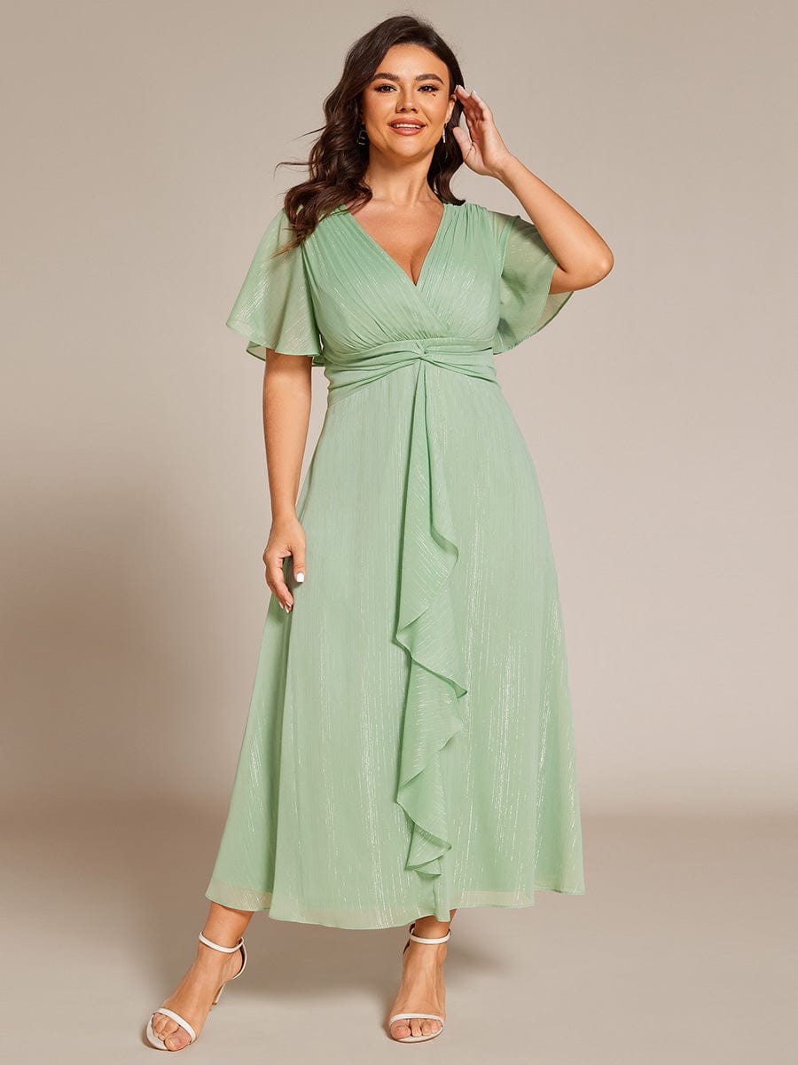 Plus Size Silver Metallic Fabric V-Neck A-Line Dress featuring Delicate Ruffled Hem #color_Summer Green